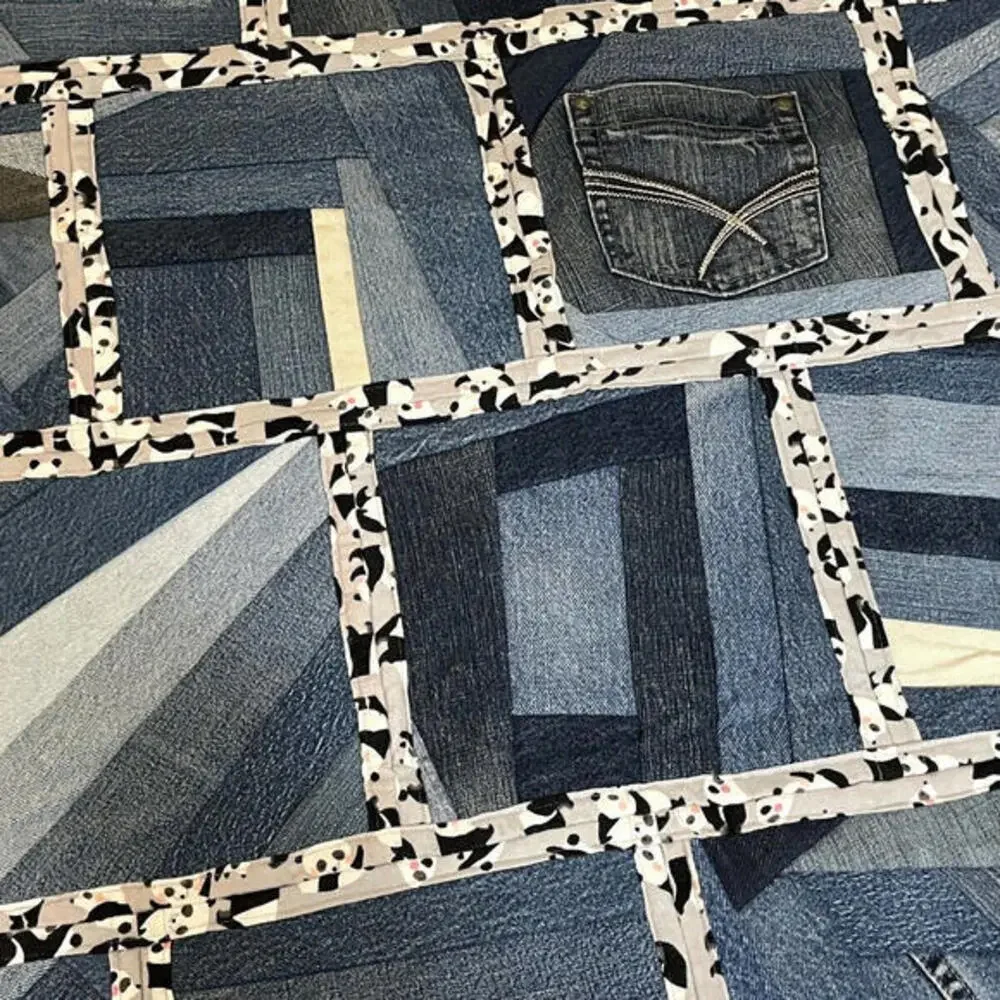 Handmade Denim‎ Quilt Panda Print Flannel on Reverse Heavy Blanket 46 x 42